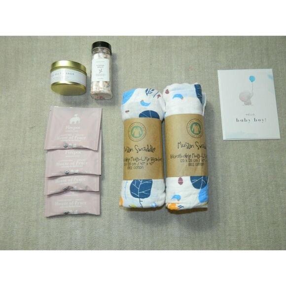 Global Organic Muslin Blanket Cotton Candle Tea New Mom Gift Box - Picture 4 of 6